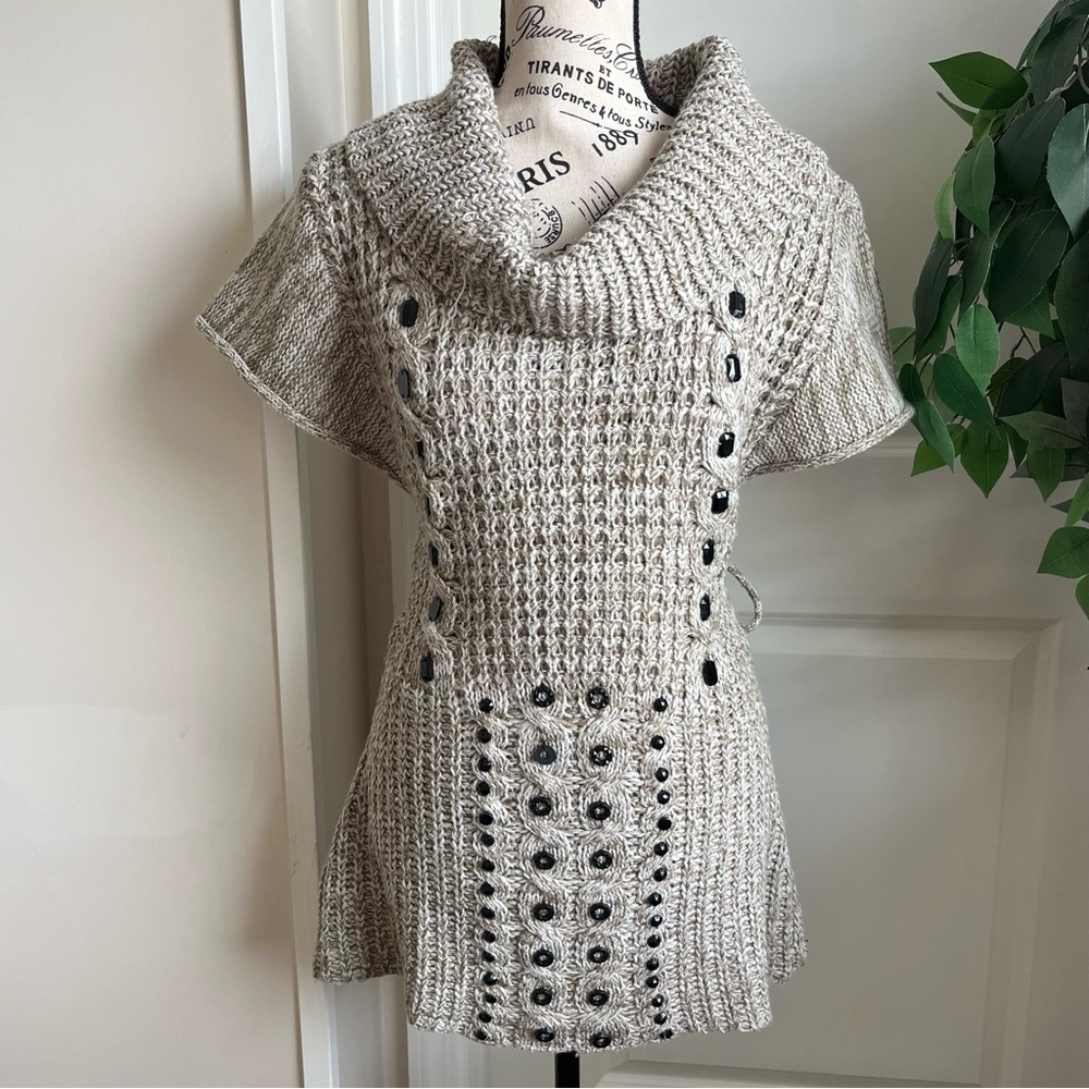 Voxx New York Knit Cowl Neck Cap Sleeve Sweater Speckle Beige Sz L